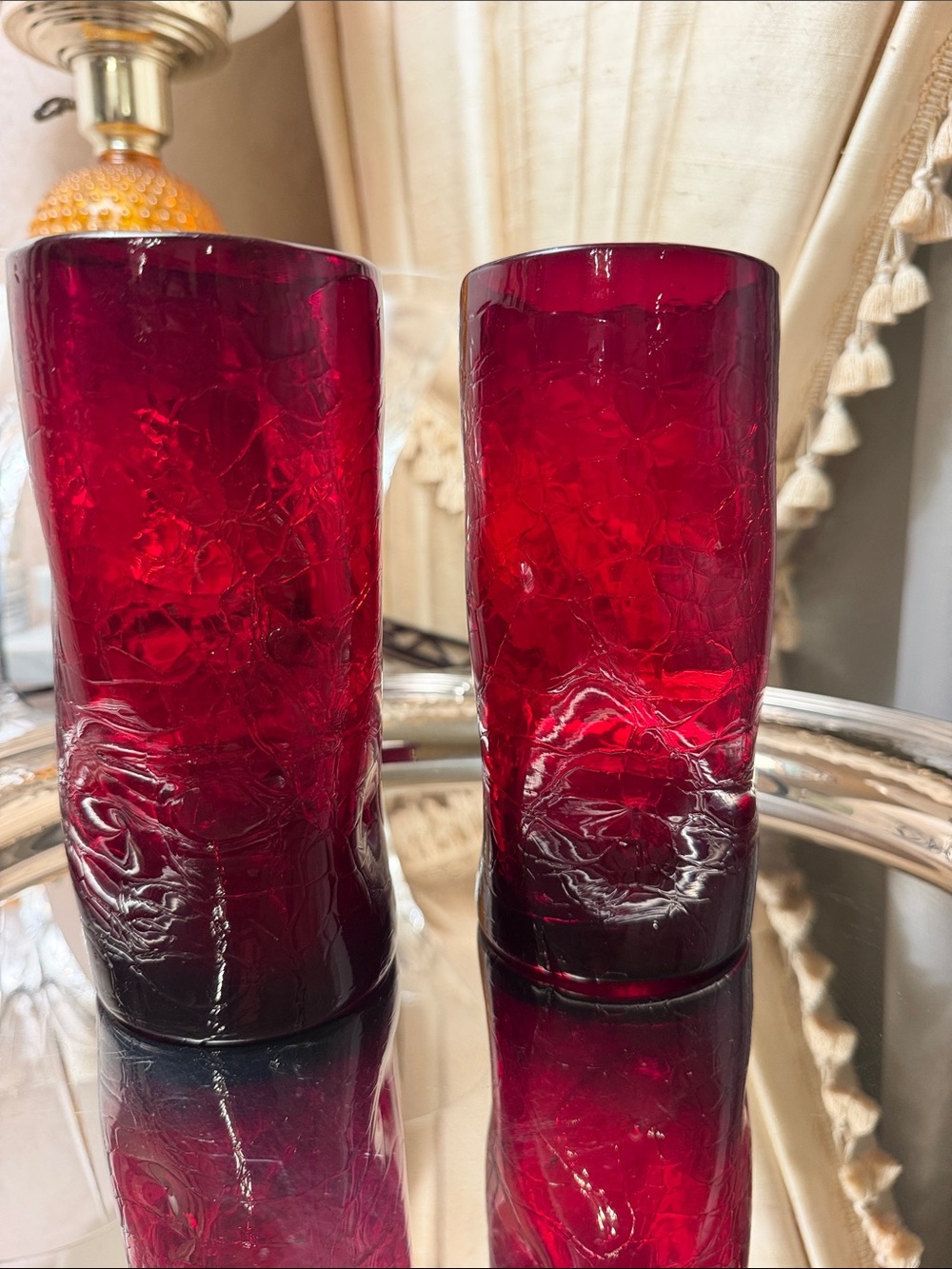 Pair mid-century ruby red crackle and dimpled/pinched glass tumblers